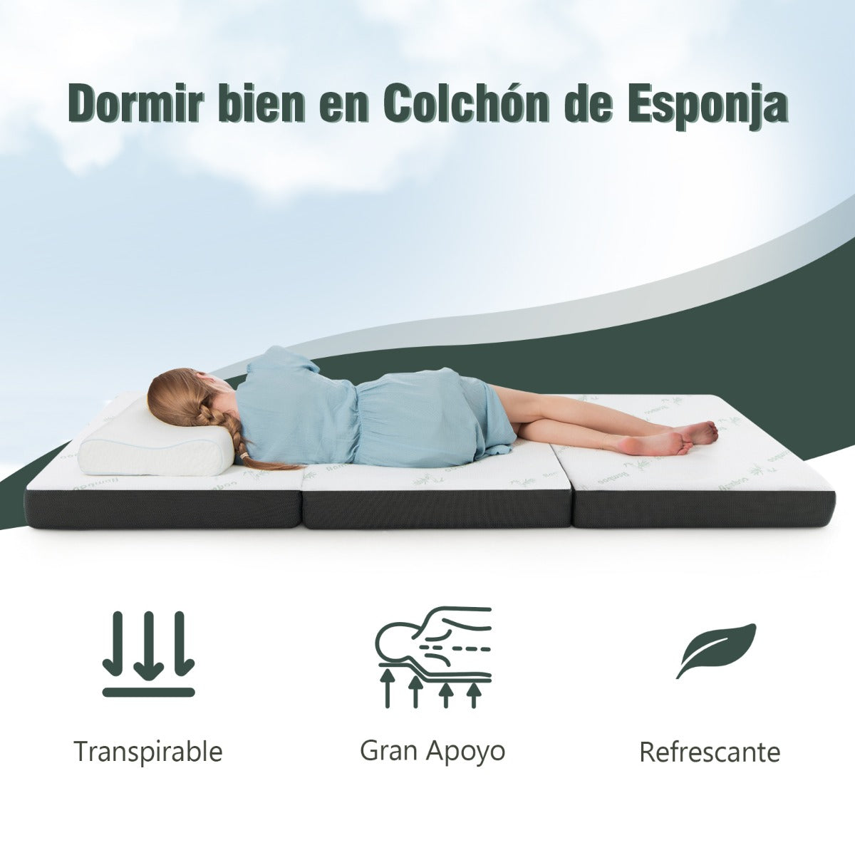 Colchón Plegable en 3 Secciones Cubierta de Fibra de Bambú y Tela Transpirable con Asa 193 x 80 x 10 cm Blanco y Gris