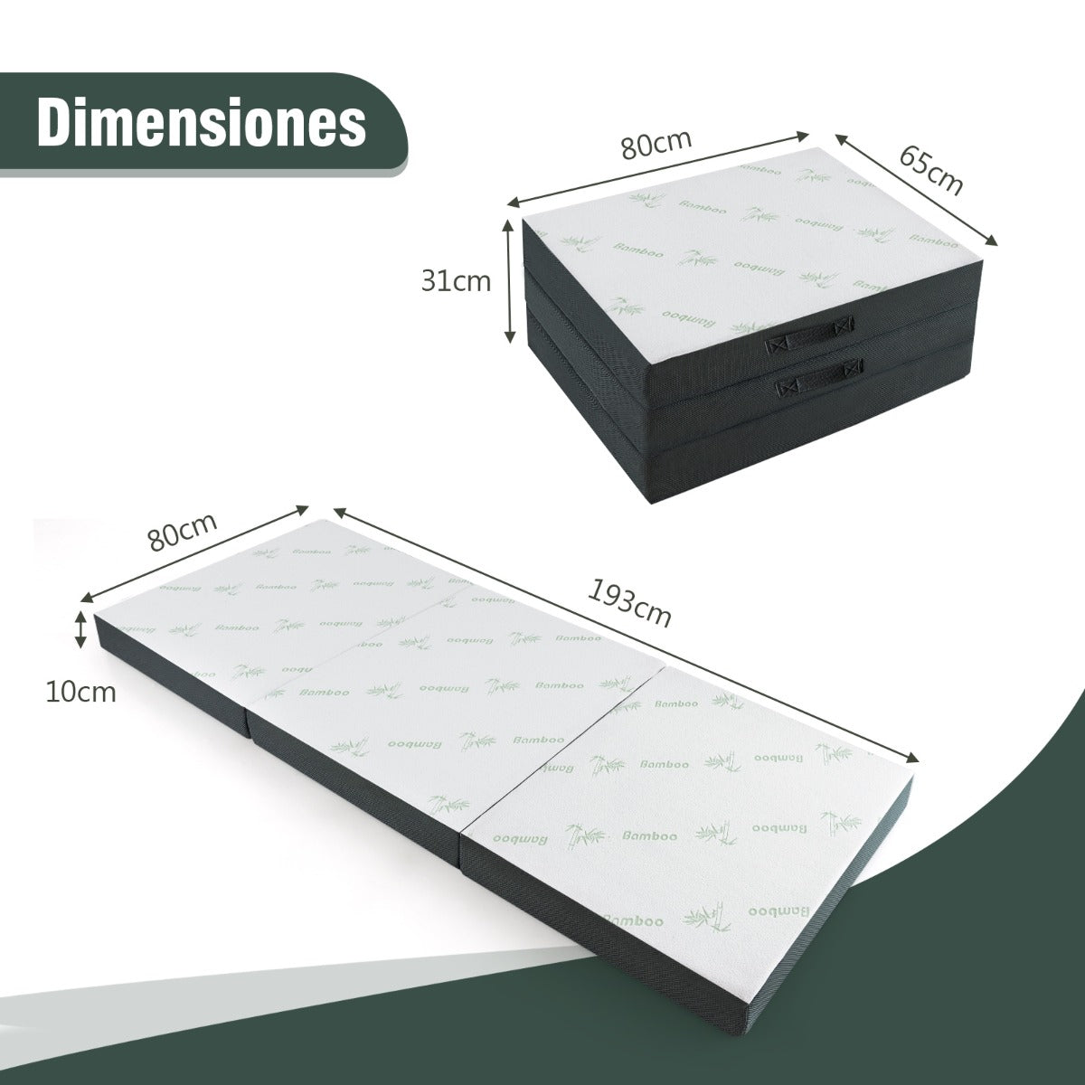 Colchón Plegable en 3 Secciones Cubierta de Fibra de Bambú y Tela Transpirable con Asa 193 x 80 x 10 cm Blanco y Gris