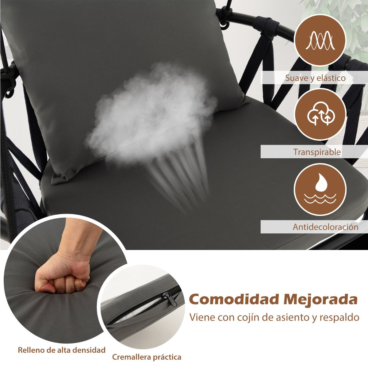 Columpio Colgante con Soporte Acogedores Cojines para Asiento Respaldo Estructura de Metal Inoxidable Respaldo Tejido para Patio Gris