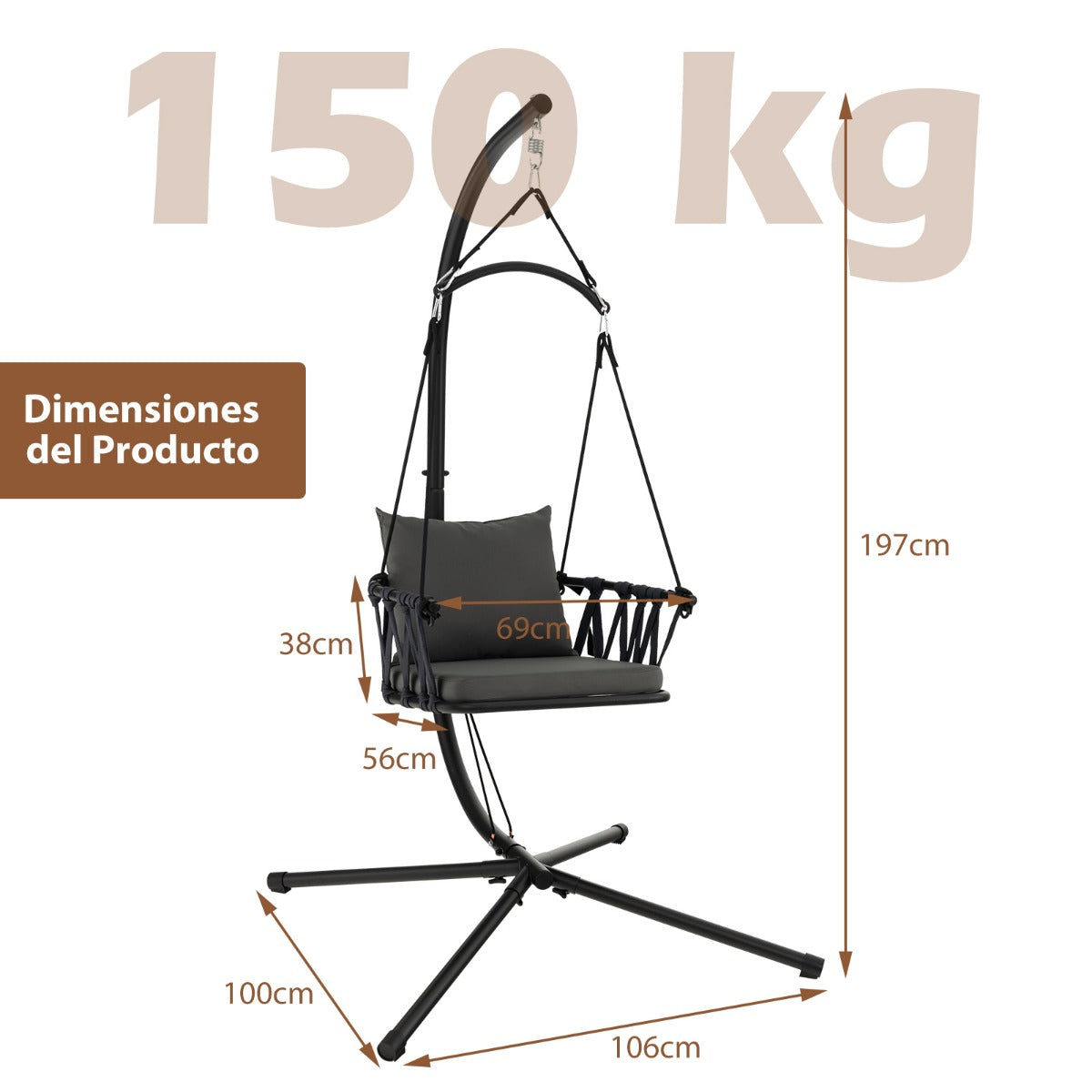Columpio Colgante con Soporte Acogedores Cojines para Asiento Respaldo Estructura de Metal Inoxidable Respaldo Tejido para Patio Gris