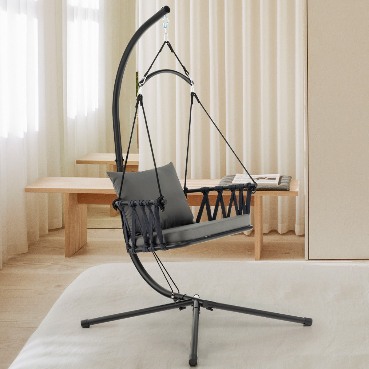 Columpio Colgante con Soporte Acogedores Cojines para Asiento Respaldo Estructura de Metal Inoxidable Respaldo Tejido para Patio Gris