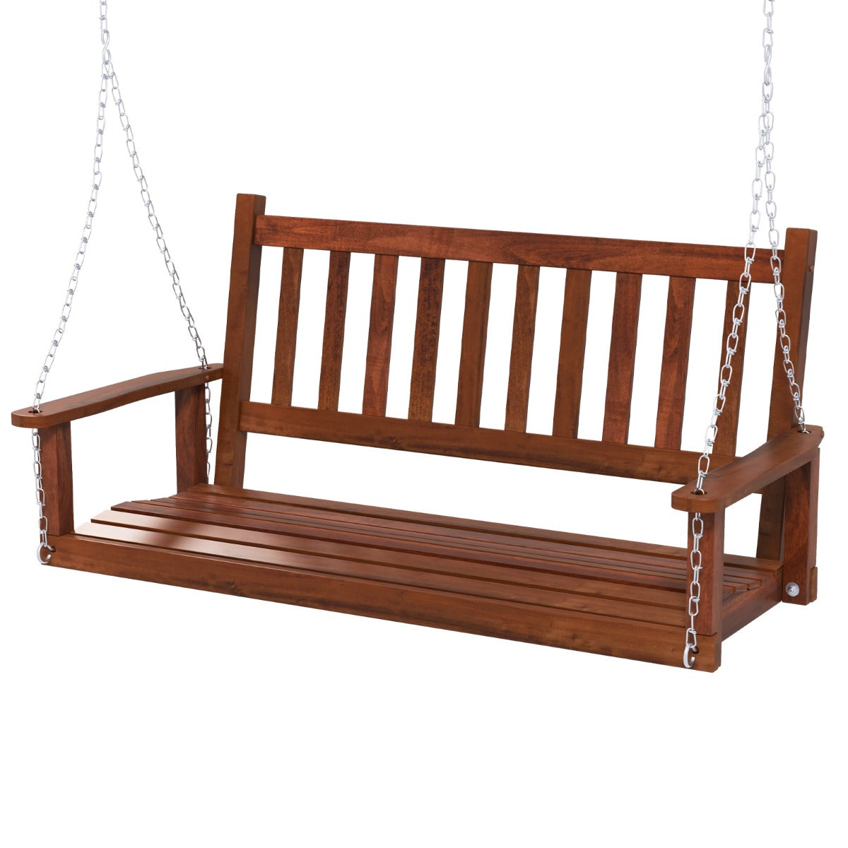 Banco Columpio de 2-3 Plazas Colgante de Jardín con Madera Álamo Cadenas Ajustables de 170cm Respaldo de Listones-Marrón-136 x 67 x 63 cm