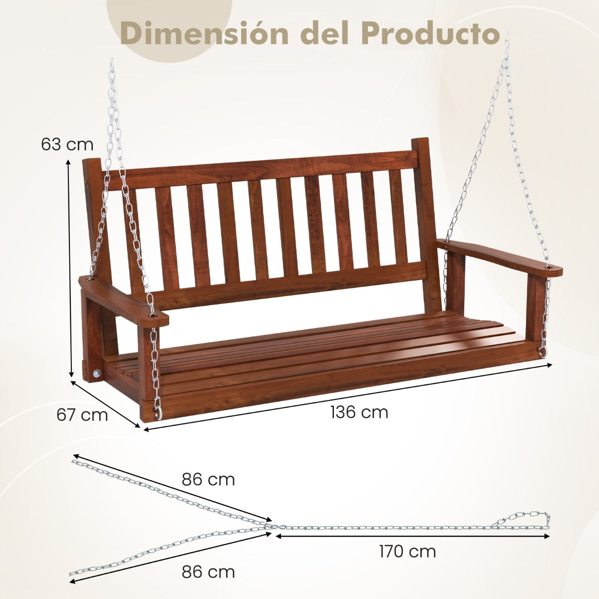 Banco Columpio de 2-3 Plazas Colgante de Jardín con Madera Álamo Cadenas Ajustables de 170cm Respaldo de Listones-Marrón-136 x 67 x 63 cm