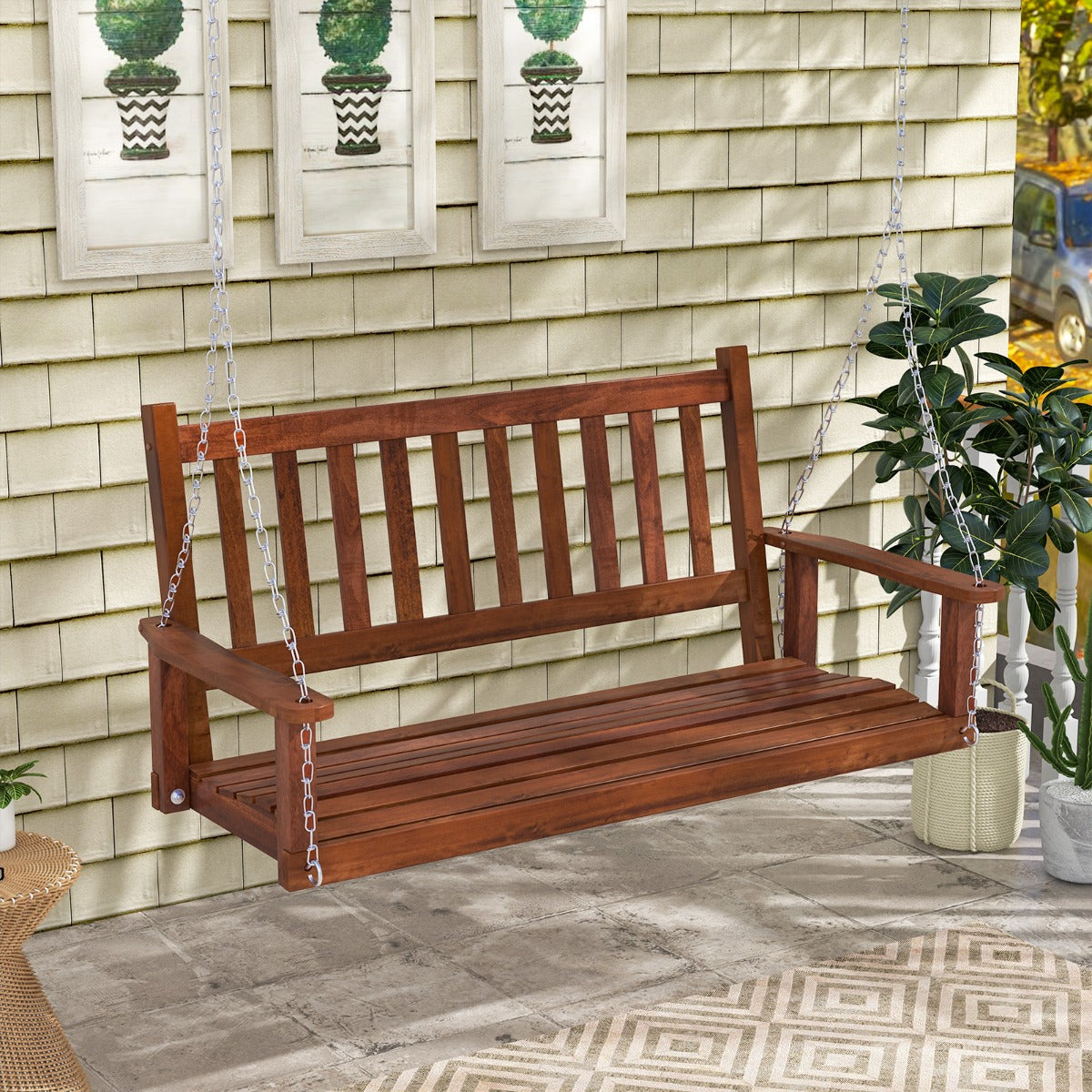 Banco Columpio de 2-3 Plazas Colgante de Jardín con Madera Álamo Cadenas Ajustables de 170cm Respaldo de Listones-Marrón-136 x 67 x 63 cm