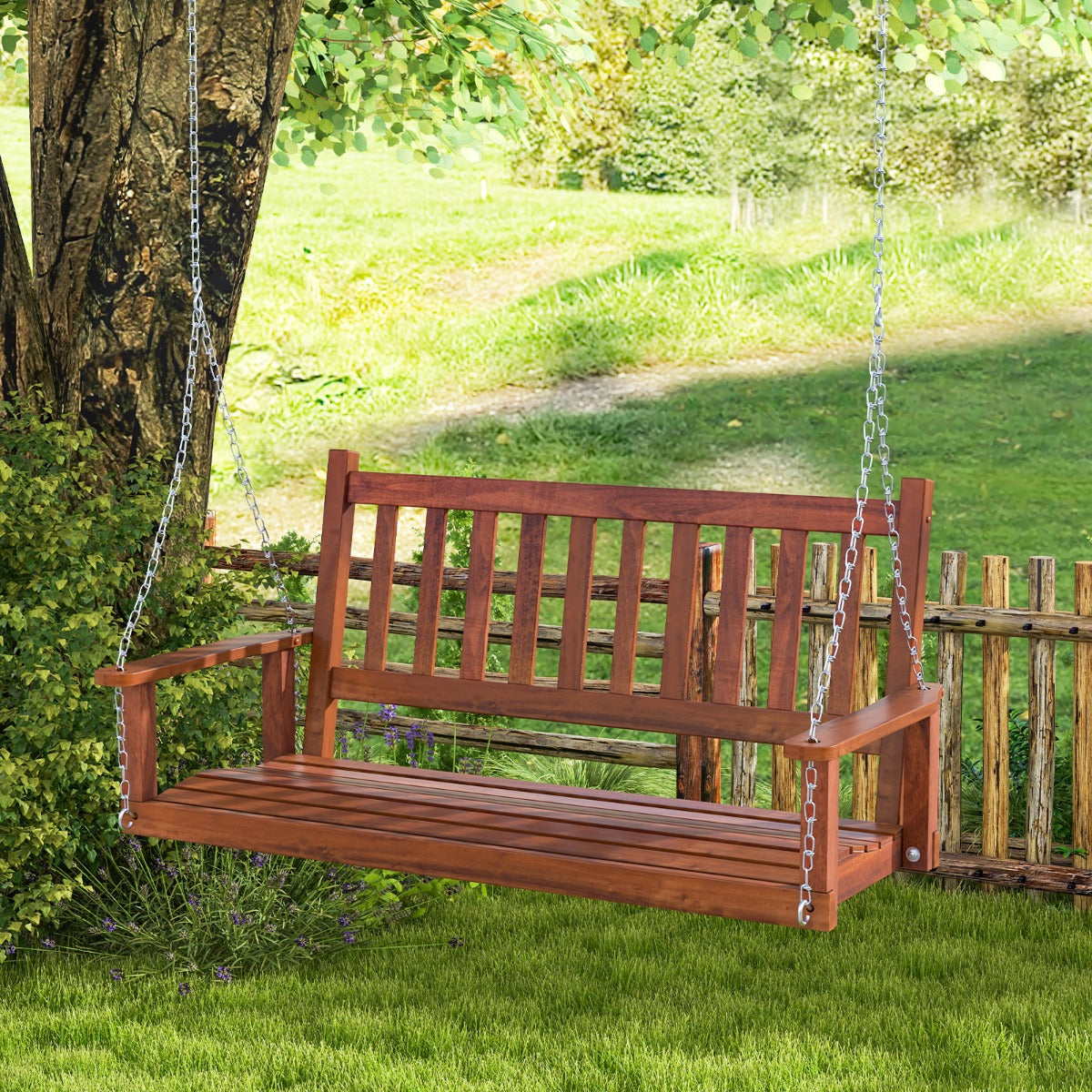 Banco Columpio de 2-3 Plazas Colgante de Jardín con Madera Álamo Cadenas Ajustables de 170cm Respaldo de Listones-Marrón-136 x 67 x 63 cm
