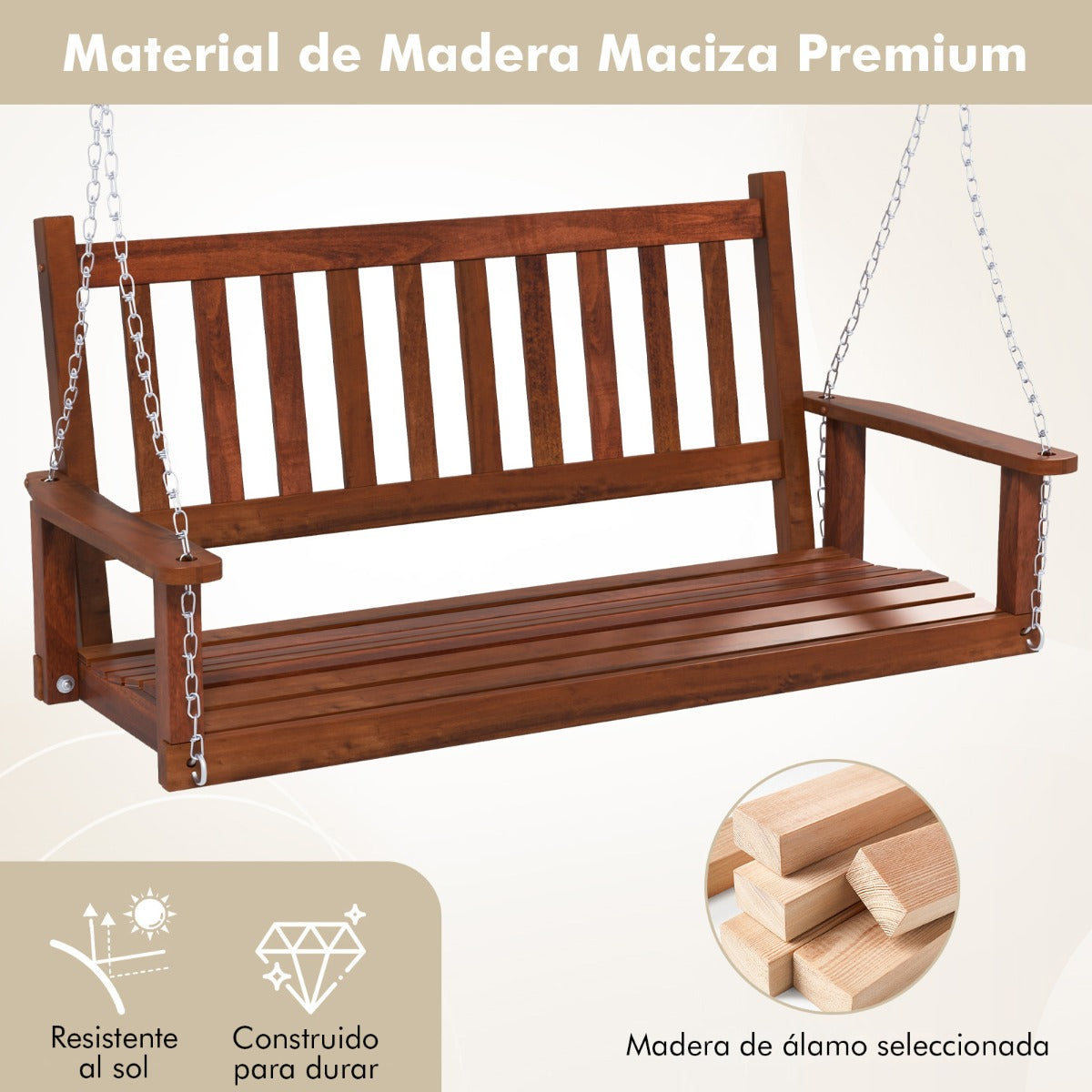 Banco Columpio de 2-3 Plazas Colgante de Jardín con Madera Álamo Cadenas Ajustables de 170cm Respaldo de Listones-Marrón-136 x 67 x 63 cm