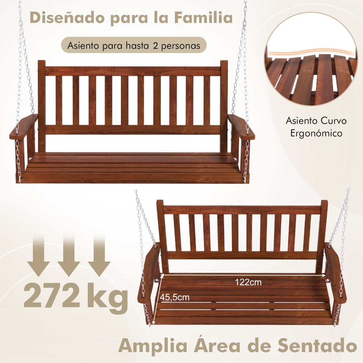 Banco Columpio de 2-3 Plazas Colgante de Jardín con Madera Álamo Cadenas Ajustables de 170cm Respaldo de Listones-Marrón-136 x 67 x 63 cm