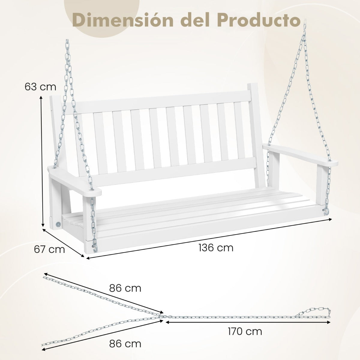 Banco Columpio de 2-3 Plazas Colgante de Jardín con Madera Álamo Cadenas Ajustables de 170cm Respaldo de Listones-Blanco-136 x 67 x 63 cm