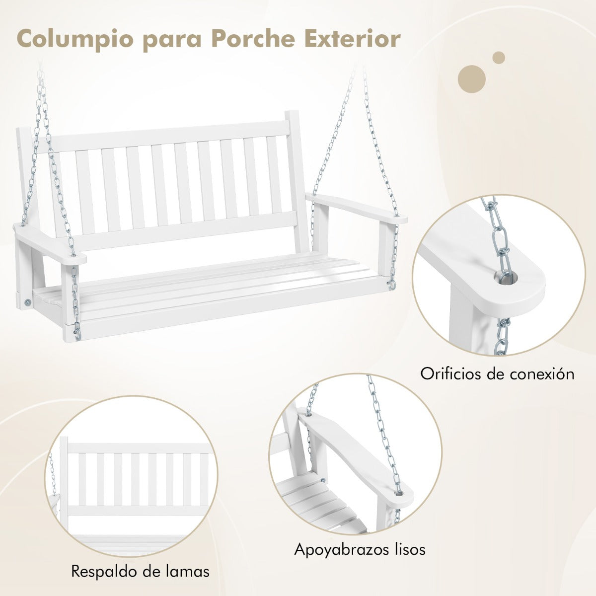 Banco Columpio de 2-3 Plazas Colgante de Jardín con Madera Álamo Cadenas Ajustables de 170cm Respaldo de Listones-Blanco-136 x 67 x 63 cm