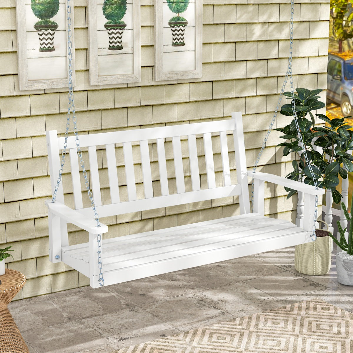 Banco Columpio de 2-3 Plazas Colgante de Jardín con Madera Álamo Cadenas Ajustables de 170cm Respaldo de Listones-Blanco-136 x 67 x 63 cm