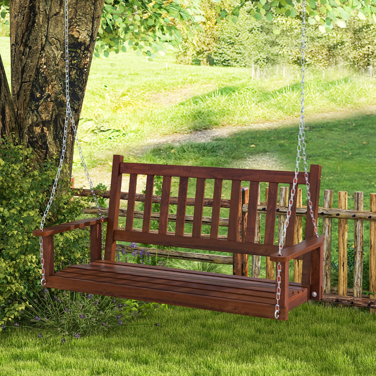 Banco Columpio de 2-3 Plazas Colgante de Jardín con Madera Álamo Cadenas Ajustables de 170cm Respaldo de Listones-Marrón-168 x 65 x 63 cm