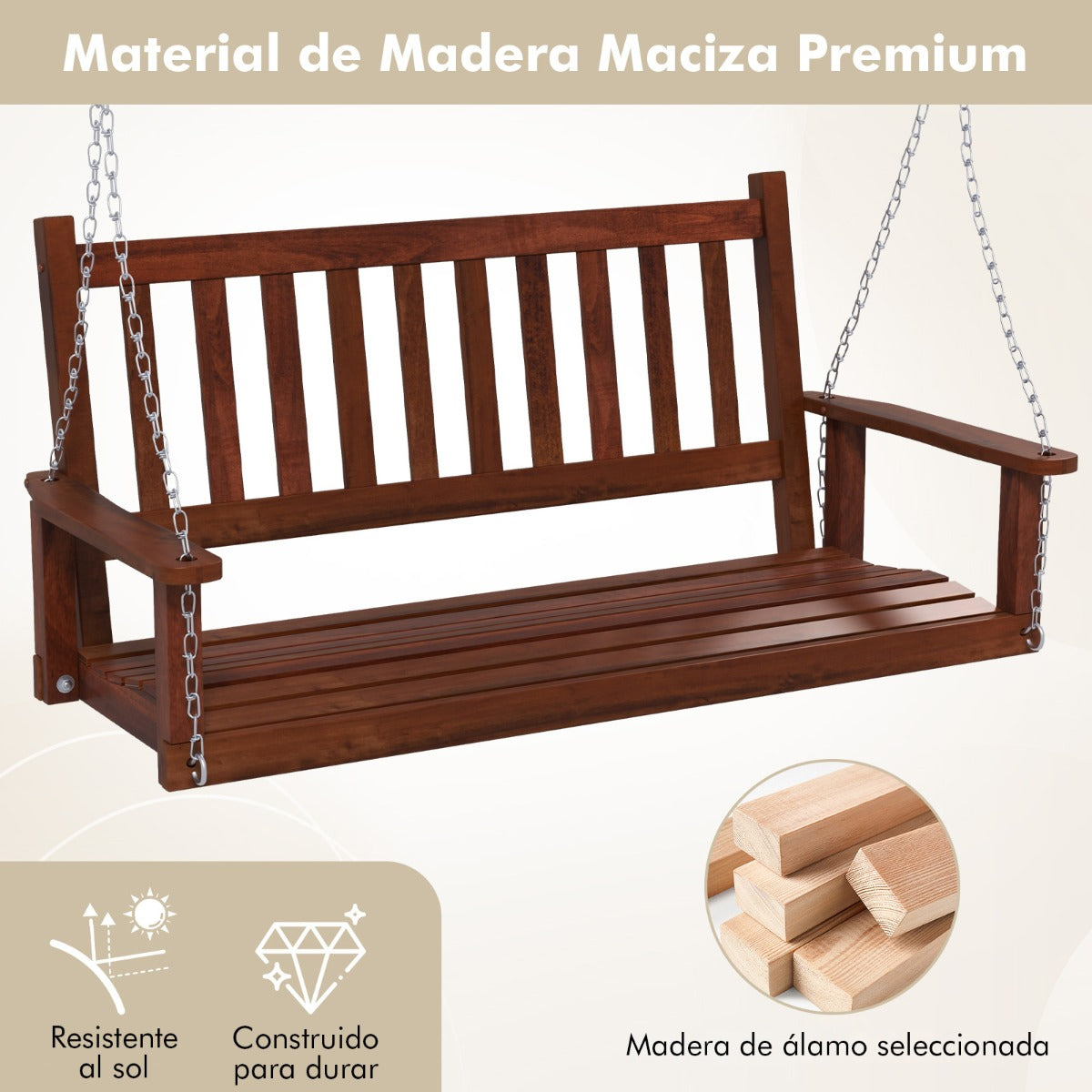 Banco Columpio de 2-3 Plazas Colgante de Jardín con Madera Álamo Cadenas Ajustables de 170cm Respaldo de Listones-Marrón-168 x 65 x 63 cm