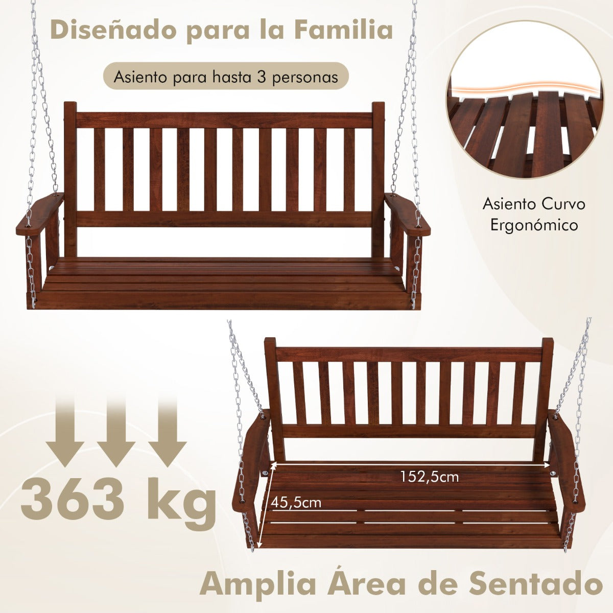 Banco Columpio de 2-3 Plazas Colgante de Jardín con Madera Álamo Cadenas Ajustables de 170cm Respaldo de Listones-Marrón-168 x 65 x 63 cm
