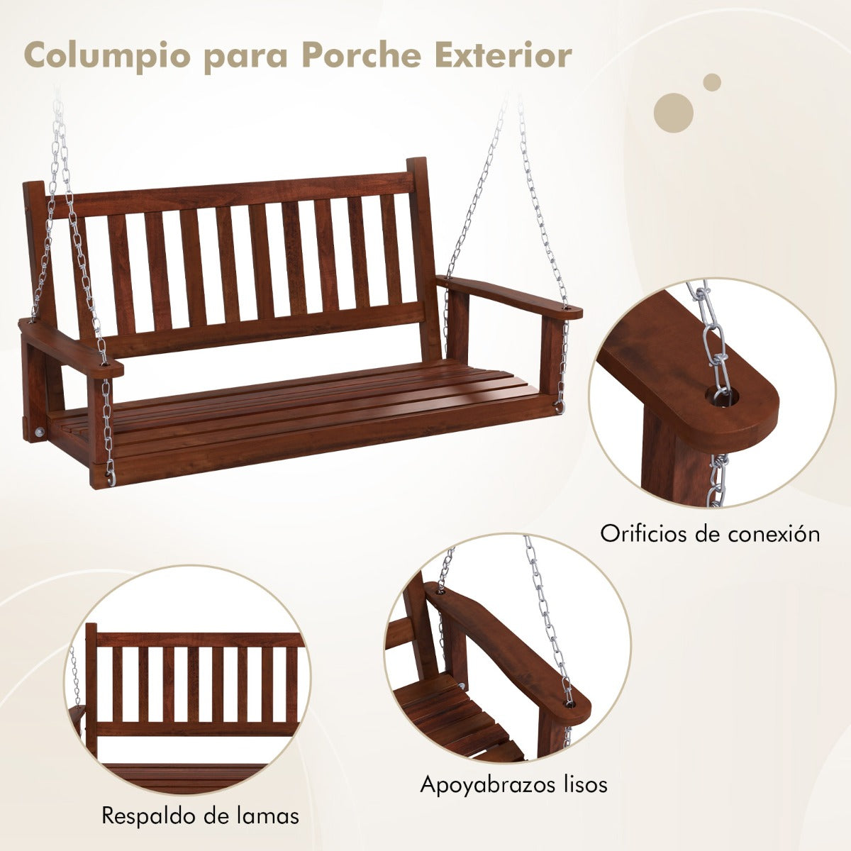 Banco Columpio de 2-3 Plazas Colgante de Jardín con Madera Álamo Cadenas Ajustables de 170cm Respaldo de Listones-Marrón-168 x 65 x 63 cm