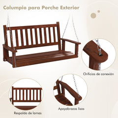 Banco Columpio de 2-3 Plazas Colgante de Jardín con Madera Álamo Cadenas Ajustables de 170cm Respaldo de Listones-Marrón-168 x 65 x 63 cm