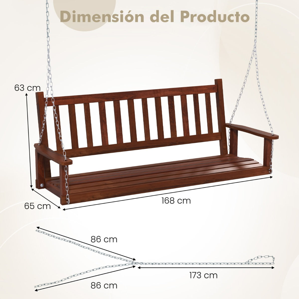 Banco Columpio de 2-3 Plazas Colgante de Jardín con Madera Álamo Cadenas Ajustables de 170cm Respaldo de Listones-Marrón-168 x 65 x 63 cm