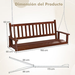 Banco Columpio de 2-3 Plazas Colgante de Jardín con Madera Álamo Cadenas Ajustables de 170cm Respaldo de Listones-Marrón-168 x 65 x 63 cm
