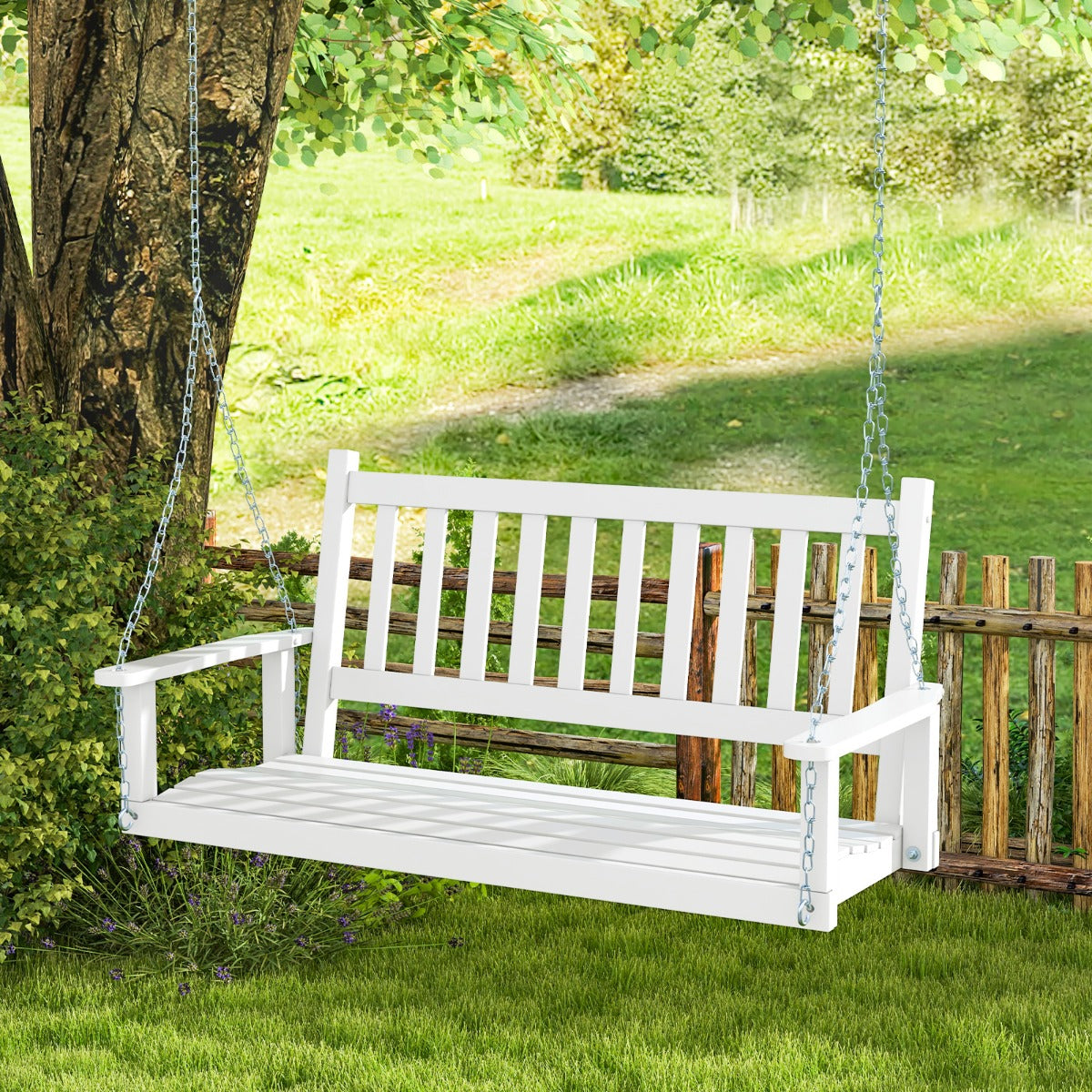 Banco Columpio de 2-3 Plazas Colgante de Jardín con Madera Álamo Cadenas Ajustables de 170cm Respaldo de Listones-Blanco-168 x 65 x 63 cm