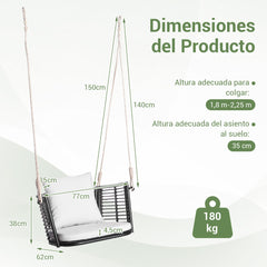 Columpio de Metal para 1 Persona con Respaldo de Ratán Tejido 2 Cuerdas para Colgar Cojines de Asiento Respaldo para Porche Patio-Blanco
