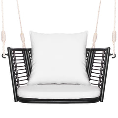 Columpio de Metal para 1 Persona con Respaldo de Ratán Tejido 2 Cuerdas para Colgar Cojines de Asiento Respaldo para Porche Patio-Blanco