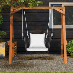 Columpio de Metal para 1 Persona con Respaldo de Ratán Tejido 2 Cuerdas para Colgar Cojines de Asiento Respaldo para Porche Patio-Blanco