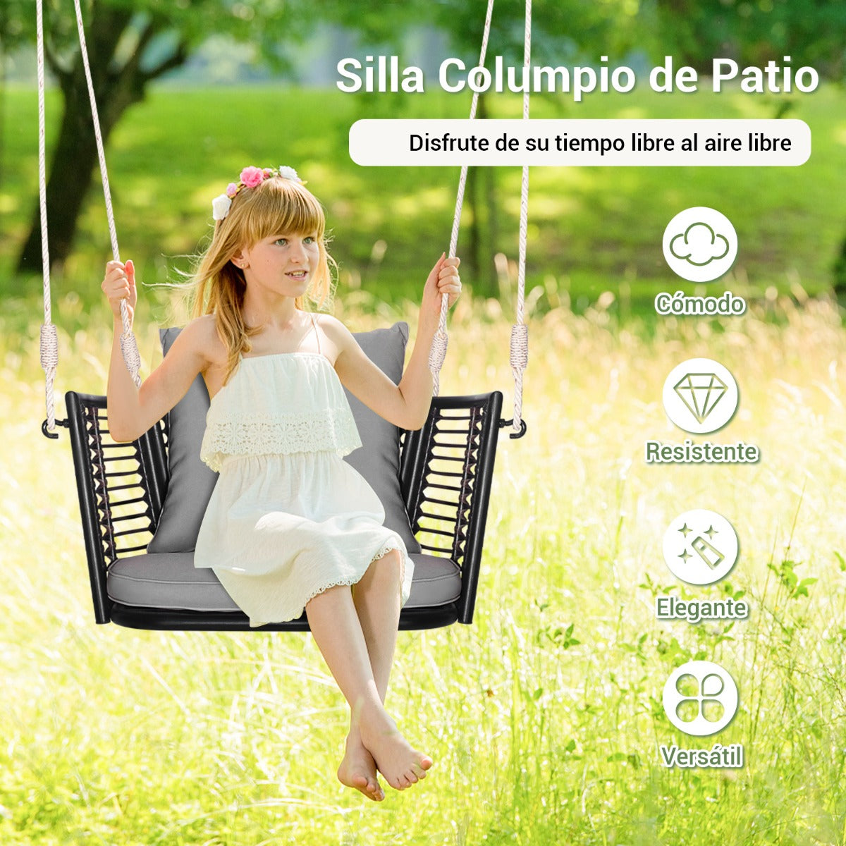 Columpio de Metal para 1 Persona con Respaldo de Ratán Tejido 2 Cuerdas para Colgar Cojines de Asiento Respaldo para Porche Patio-Gris
