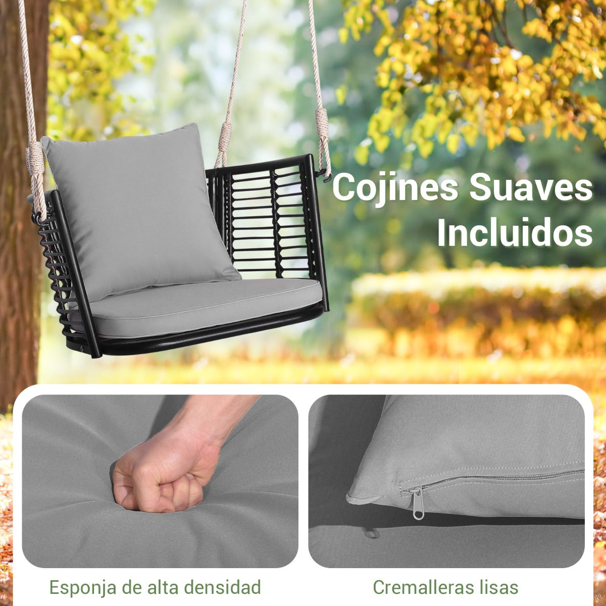 Columpio de Metal para 1 Persona con Respaldo de Ratán Tejido 2 Cuerdas para Colgar Cojines de Asiento Respaldo para Porche Patio-Gris