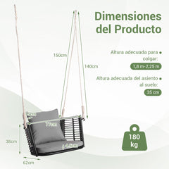 Columpio de Metal para 1 Persona con Respaldo de Ratán Tejido 2 Cuerdas para Colgar Cojines de Asiento Respaldo para Porche Patio-Gris