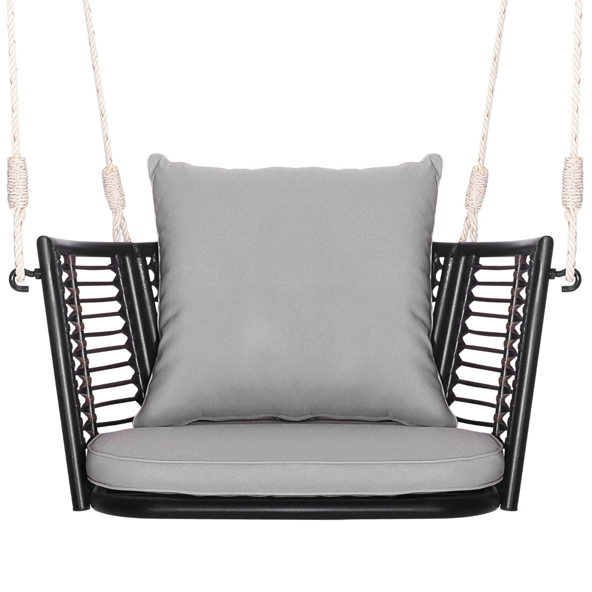 Columpio de Metal para 1 Persona con Respaldo de Ratán Tejido 2 Cuerdas para Colgar Cojines de Asiento Respaldo para Porche Patio-Gris