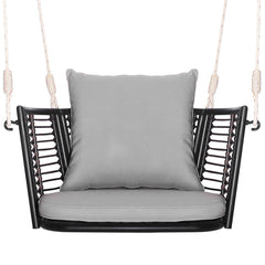 Columpio de Metal para 1 Persona con Respaldo de Ratán Tejido 2 Cuerdas para Colgar Cojines de Asiento Respaldo para Porche Patio-Gris