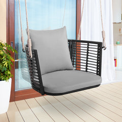 Columpio de Metal para 1 Persona con Respaldo de Ratán Tejido 2 Cuerdas para Colgar Cojines de Asiento Respaldo para Porche Patio-Gris