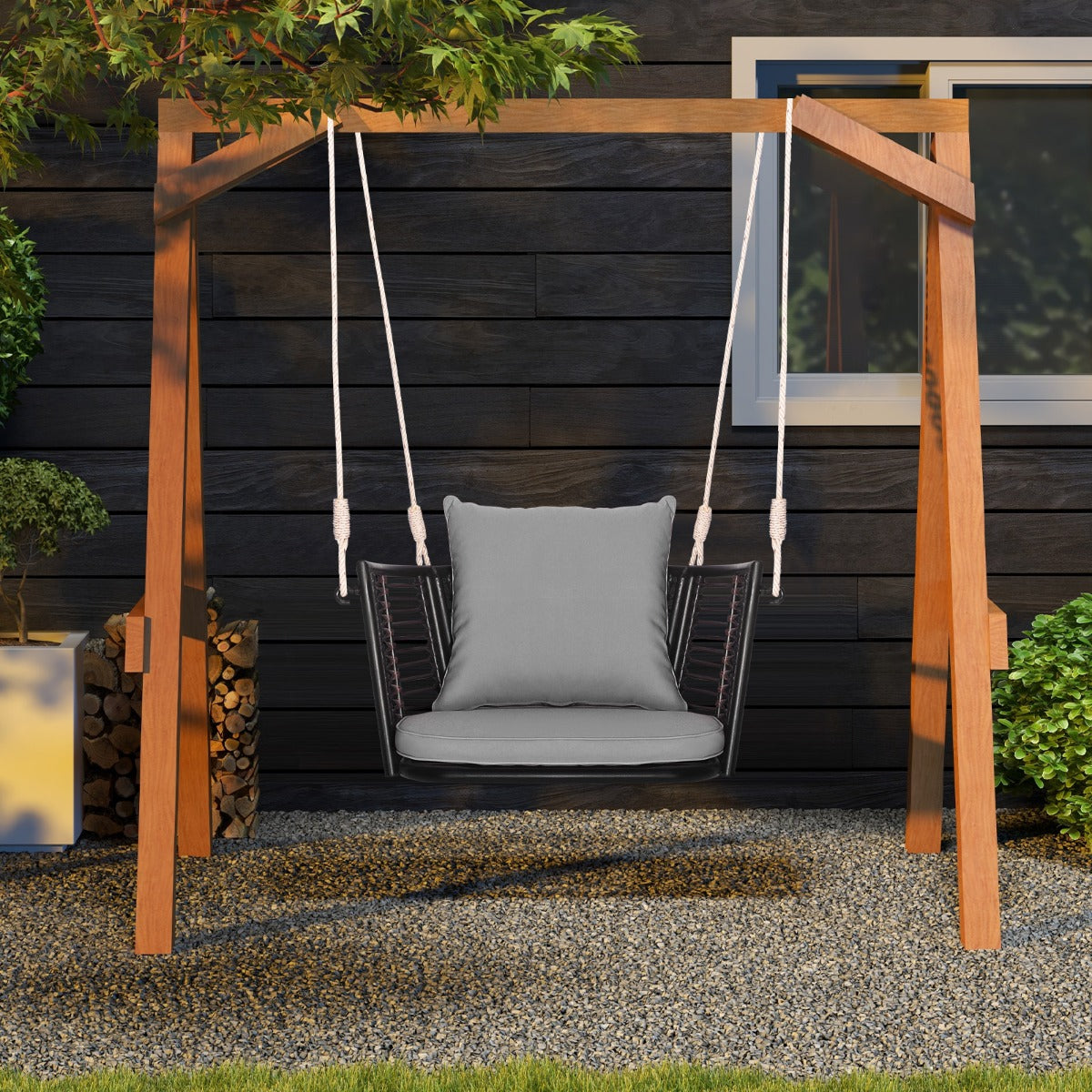 Columpio de Metal para 1 Persona con Respaldo de Ratán Tejido 2 Cuerdas para Colgar Cojines de Asiento Respaldo para Porche Patio-Gris