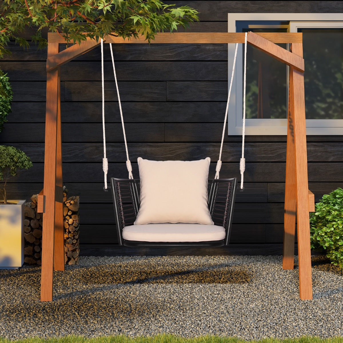 Columpio de Metal para 1 Persona con Respaldo de Ratán Tejido 2 Cuerdas para Colgar Cojines de Asiento Respaldo para Porche Patio Beige