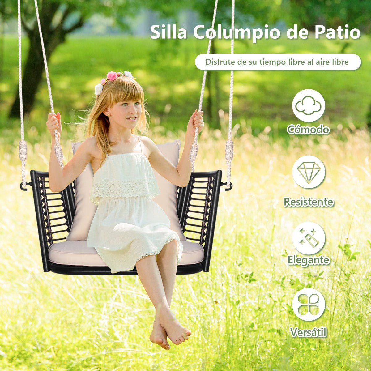 Columpio de Metal para 1 Persona con Respaldo de Ratán Tejido 2 Cuerdas para Colgar Cojines de Asiento Respaldo para Porche Patio Beige