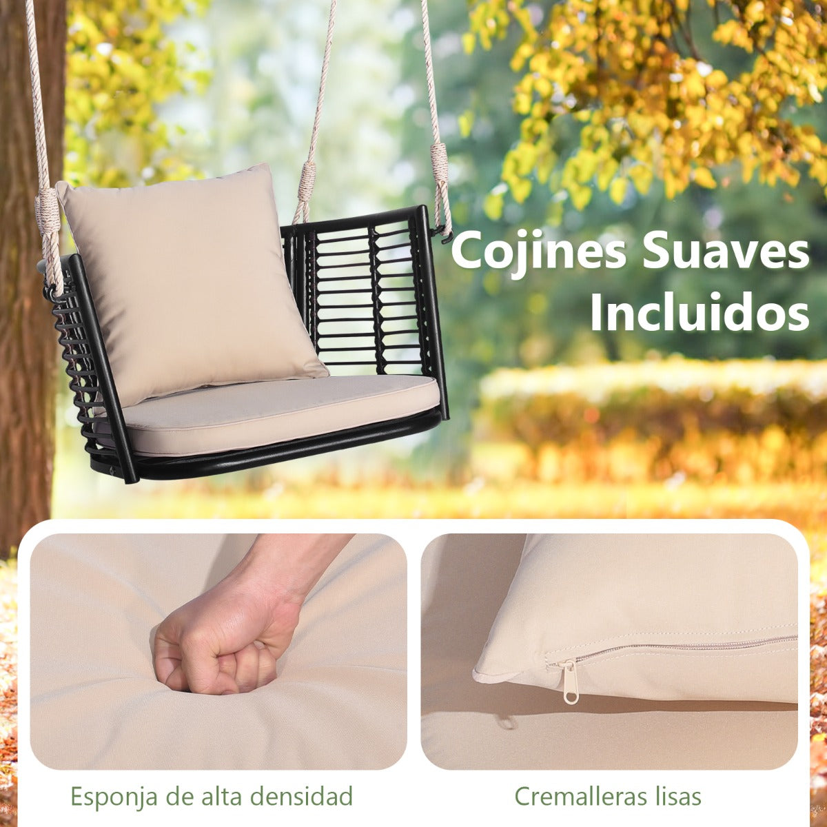 Columpio de Metal para 1 Persona con Respaldo de Ratán Tejido 2 Cuerdas para Colgar Cojines de Asiento Respaldo para Porche Patio Beige
