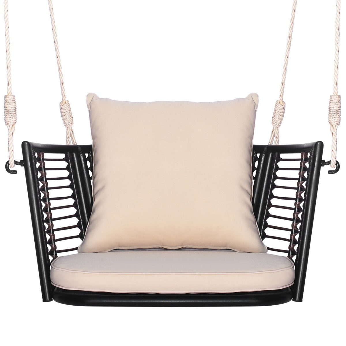 Columpio de Metal para 1 Persona con Respaldo de Ratán Tejido 2 Cuerdas para Colgar Cojines de Asiento Respaldo para Porche Patio Beige