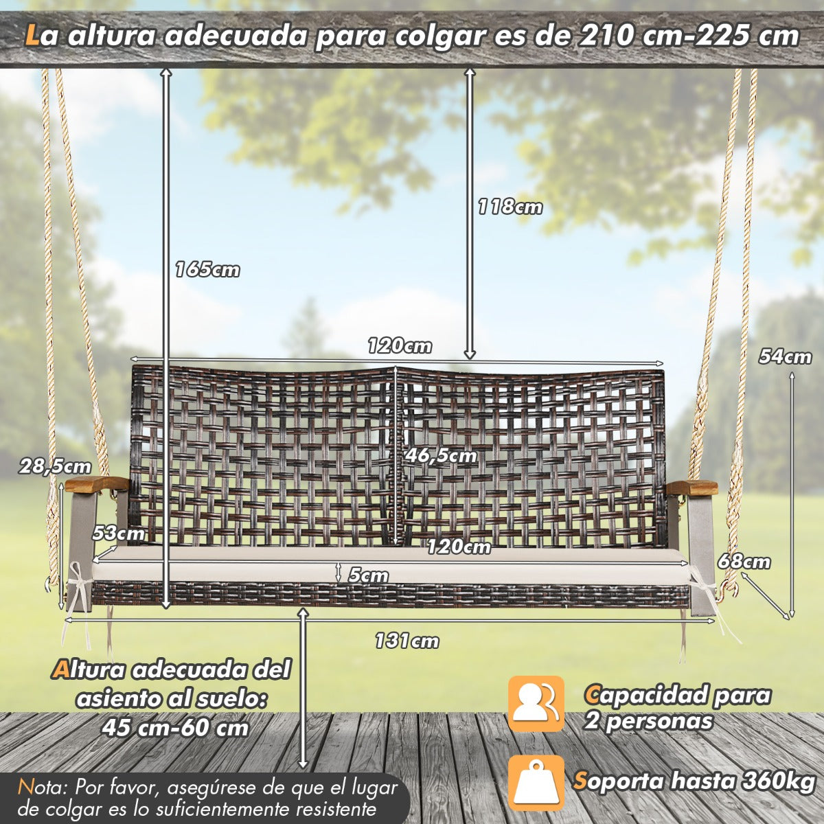 Columpio de Mimbre de 2 Asientos para Porche con Cojín de Asiento Reposabrazos de Madera de Acacia 2 Cuerdas 131 x 68 x 54 cm Blanco