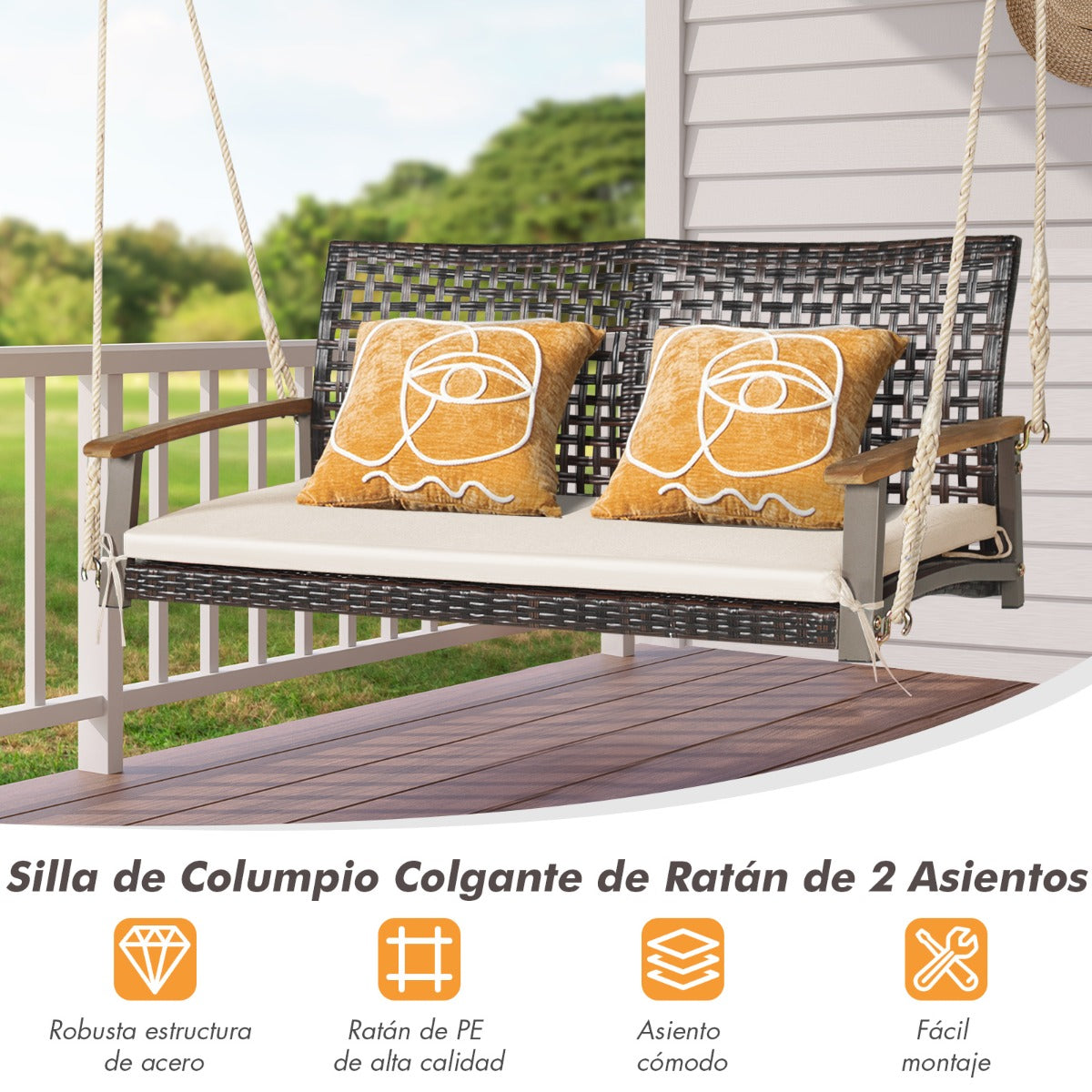 Columpio de Mimbre de 2 Asientos para Porche con Cojín de Asiento Reposabrazos de Madera de Acacia 2 Cuerdas 131 x 68 x 54 cm Blanco