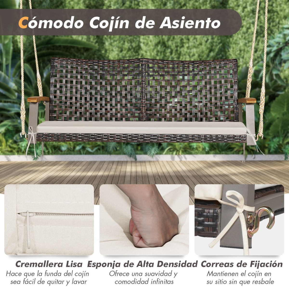 Columpio de Mimbre de 2 Asientos para Porche con Cojín de Asiento Reposabrazos de Madera de Acacia 2 Cuerdas 131 x 68 x 54 cm Blanco
