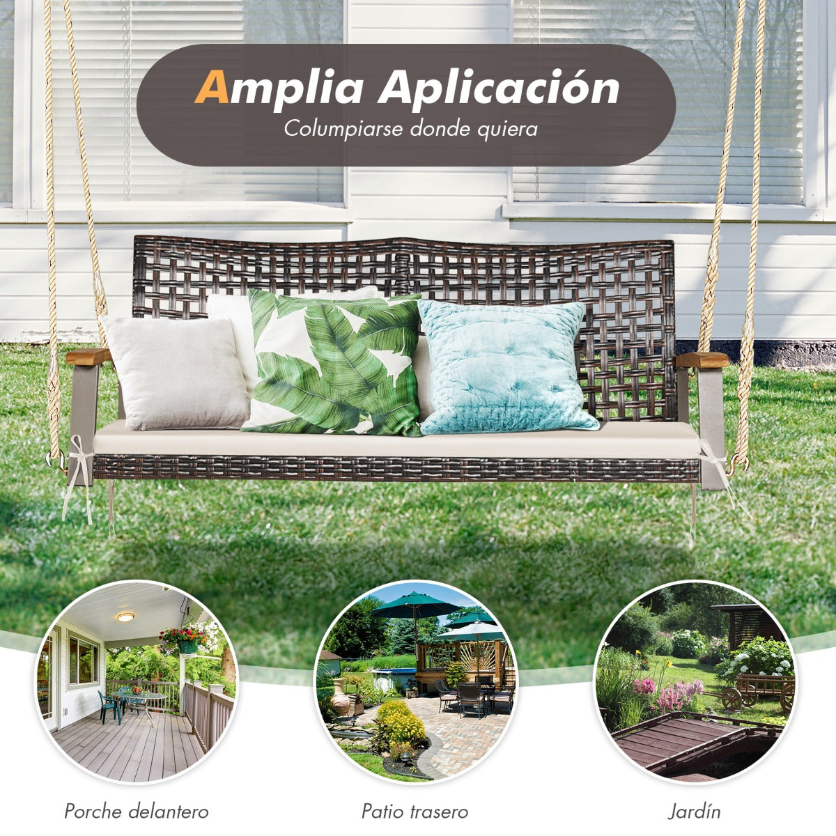 Columpio de Mimbre de 2 Asientos para Porche con Cojín de Asiento Reposabrazos de Madera de Acacia 2 Cuerdas 131 x 68 x 54 cm Blanco