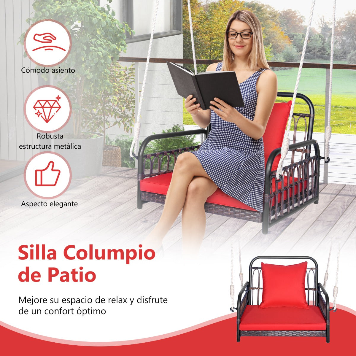 Columpio de Mimbre para Porche Asiento Colgante con Cojines Respaldo Marco de Metal Reforzado 2 Cuerdas Resistentes para Colgar Rojo