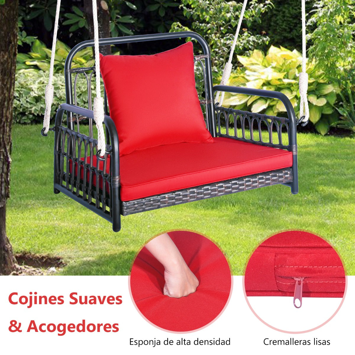 Columpio de Mimbre para Porche Asiento Colgante con Cojines Respaldo Marco de Metal Reforzado 2 Cuerdas Resistentes para Colgar Rojo