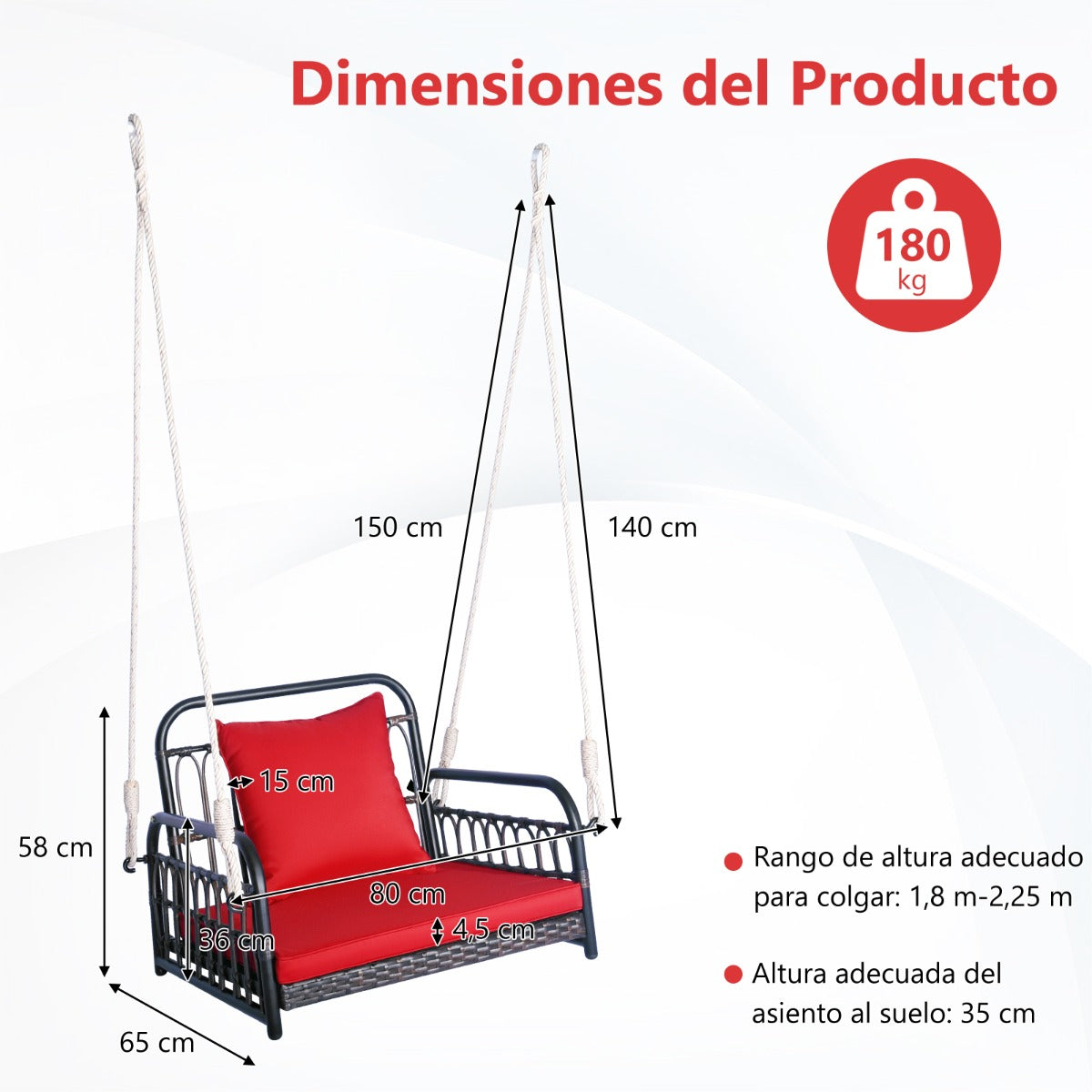 Columpio de Mimbre para Porche Asiento Colgante con Cojines Respaldo Marco de Metal Reforzado 2 Cuerdas Resistentes para Colgar Rojo