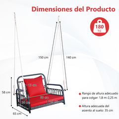 Columpio de Mimbre para Porche Asiento Colgante con Cojines Respaldo Marco de Metal Reforzado 2 Cuerdas Resistentes para Colgar Rojo
