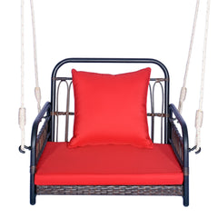 Columpio de Mimbre para Porche Asiento Colgante con Cojines Respaldo Marco de Metal Reforzado 2 Cuerdas Resistentes para Colgar Rojo