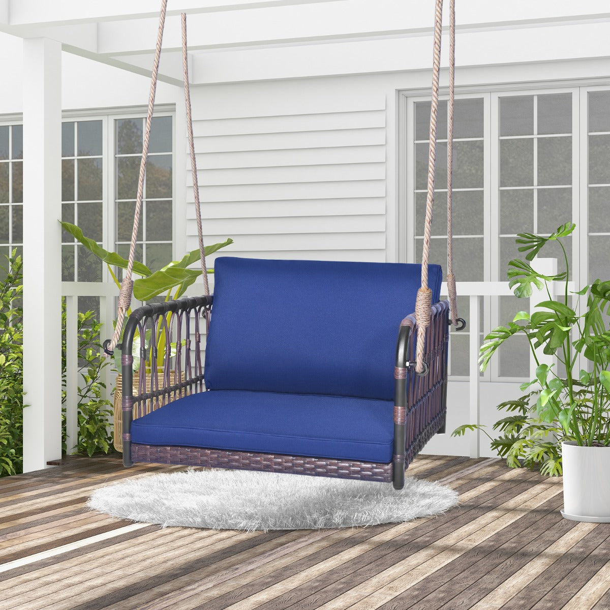 Columpio de Mimbre Asiento Colgante para 1 Persona con Cojines de Asiento Respaldo Marco de Metal Resistente 2 Cuerdas para Porche Azul