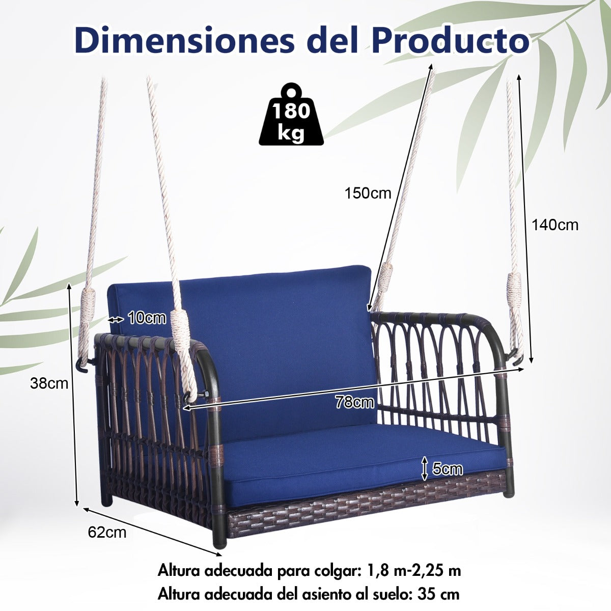 Columpio de Mimbre Asiento Colgante para 1 Persona con Cojines de Asiento Respaldo Marco de Metal Resistente 2 Cuerdas para Porche Azul