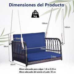 Columpio de Mimbre Asiento Colgante para 1 Persona con Cojines de Asiento Respaldo Marco de Metal Resistente 2 Cuerdas para Porche Azul