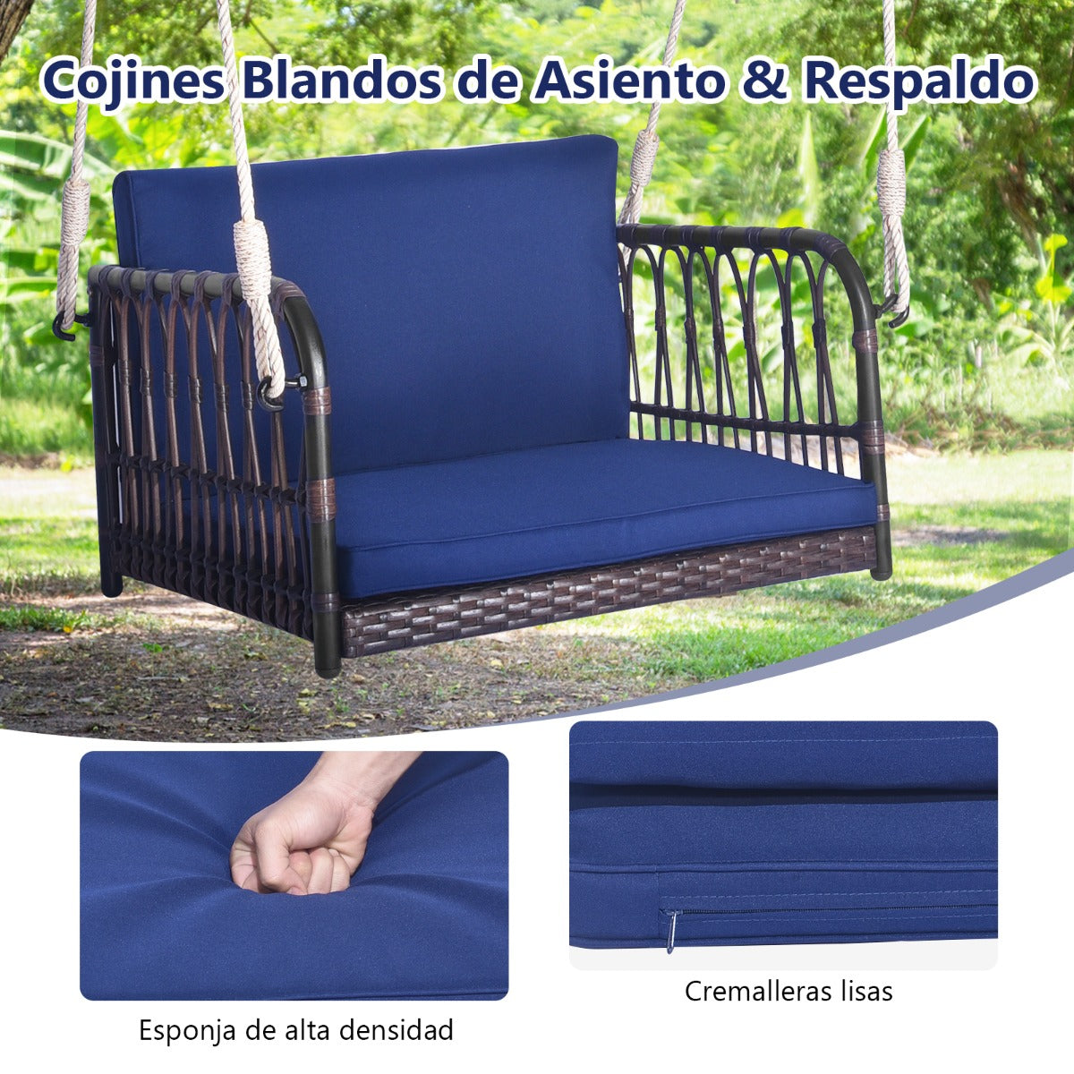 Columpio de Mimbre Asiento Colgante para 1 Persona con Cojines de Asiento Respaldo Marco de Metal Resistente 2 Cuerdas para Porche Azul