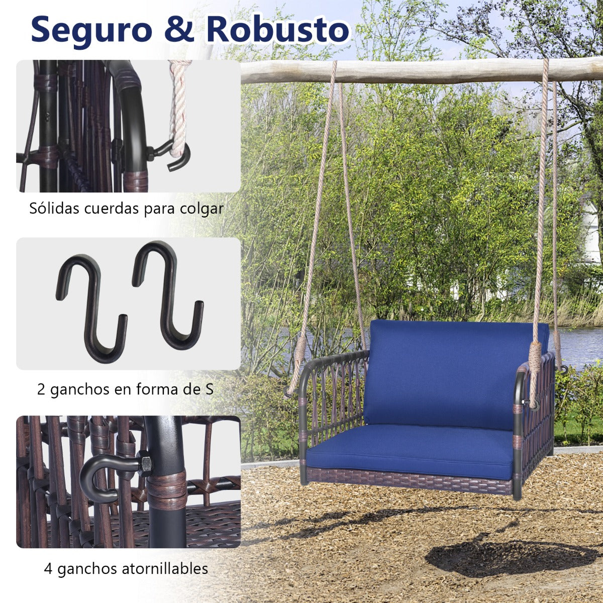 Columpio de Mimbre Asiento Colgante para 1 Persona con Cojines de Asiento Respaldo Marco de Metal Resistente 2 Cuerdas para Porche Azul